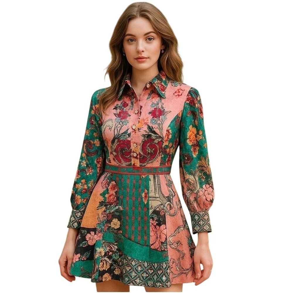 RARE Dalia‎ MacPhee Floral Print Mini Shirt Dress Long Sleeve Pink Green Women's